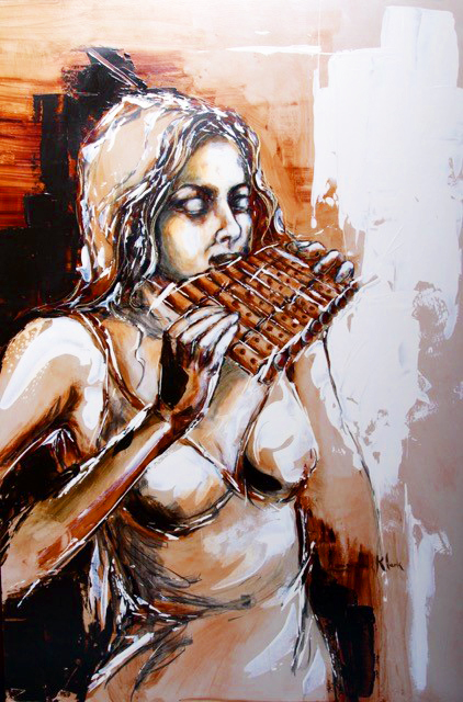 DE206 Wall décor art photographic oil on canvas figures lady playing pennywhistle